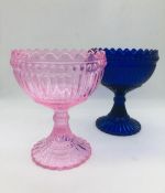 Two brightly coloured large glass bonbon dishes