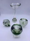 A moulded glass candle holder and vase along with a moulded glass mouse