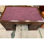 A Mahogany Victorian Partners Desk 5' x 3', drawers and cupboards with brass swan neck handles and