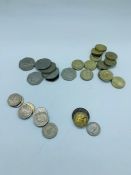 A Selection of old style 50 pence coins and seven collectable 20 pence coins, small bag of