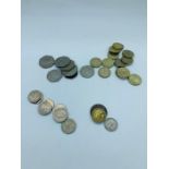 A Selection of old style 50 pence coins and seven collectable 20 pence coins, small bag of