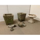 Three planters and garden stone animals