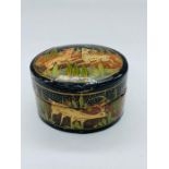 Papier Mache oval lacquer pot, painted throughout with deer and landscape scenes (H3cm W5cm)