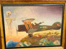 A Naïve WWI oil painting of a fighter plane and skeleton.(Frame size 69cm H x 59 cm L - inside