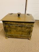 A Brass Coal Box with liner and lion handles.