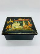 Papier Mache Black lacquer Russian box, painted with orthodox churches, with writing to bottom