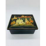 Papier Mache Black lacquer Russian box, painted with orthodox churches, with writing to bottom