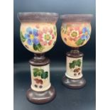 A pair of pedestal vase, late Victorian English circa 1885-95 hand painted (H27cm)