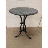 A Victorian cast iron garden table (H71cm Dia 56cm) with marble top