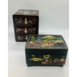 A Chinese musical jewellery box with key and a lacquer and shell decorative three drawer jewellery