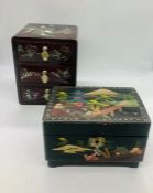 A Chinese musical jewellery box with key and a lacquer and shell decorative three drawer jewellery