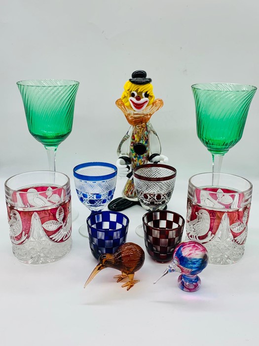 A selection of bohemian glass and a Murano glass clown