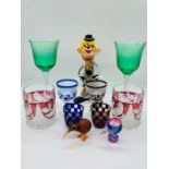 A selection of bohemian glass and a Murano glass clown