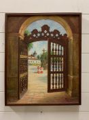 A framed picture by Malisa, View from the gates of two priests