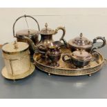 A selection of silver plate to handle teapot, trays and icebucket, include a Mapplin and Webb tea