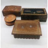 A selection of three wooden boxes and a lockable money box with key