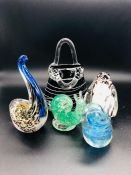 A Selection of Four Studio Glass animals and a Handbag.