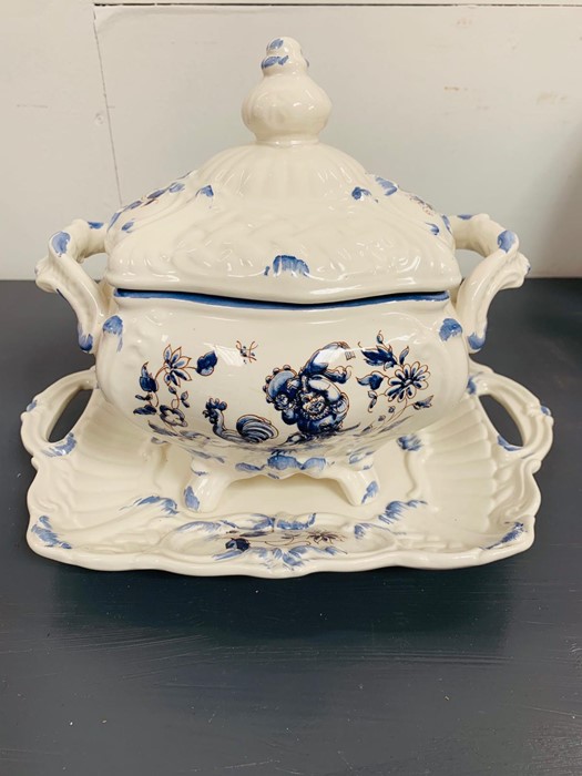 Delft blue style lidded tureen and two handled tray