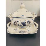 Delft blue style lidded tureen and two handled tray