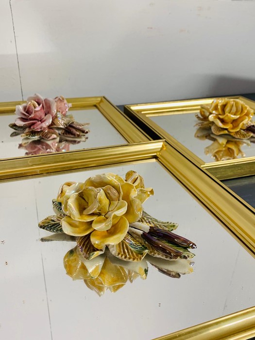 Three square framed mirrors with 3d china roses to center - Image 2 of 2