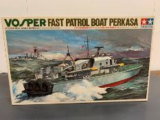 A boxed Tamiya Vosper Fast Patrol Boat Perkasa model kit