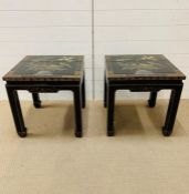 A Pair of Black Lacquer Oriental Style Side Tables with Greek Key Design Height 52 cm and 50 cm