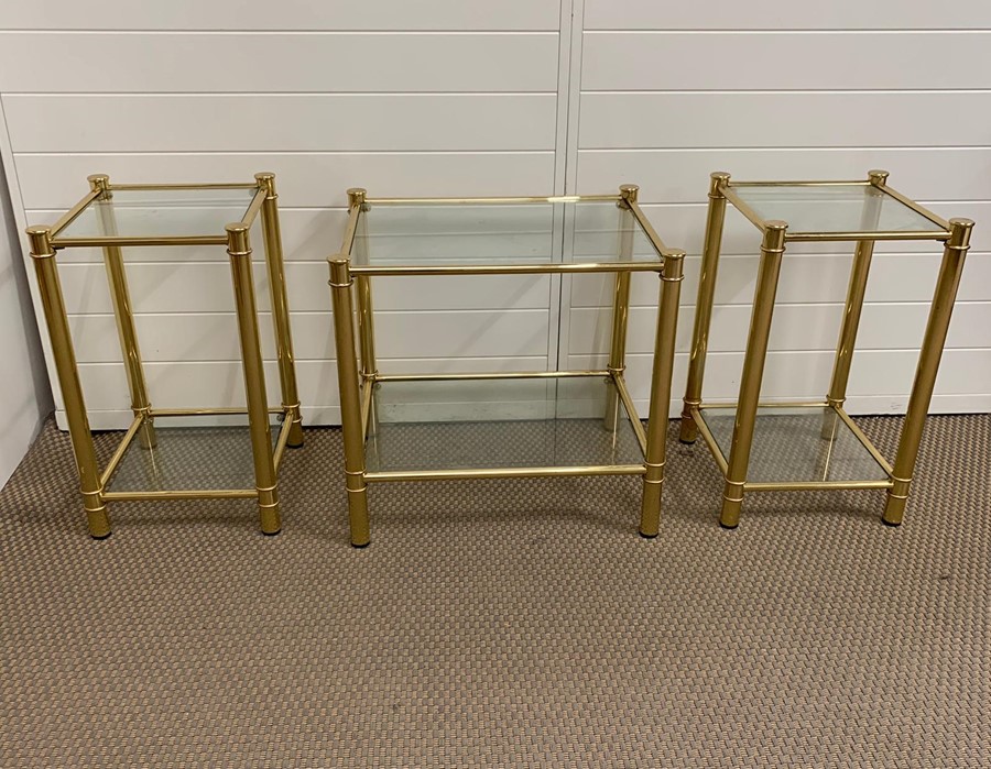 Gilt frame tubular side table with two glass tiers along with a pair of small occasional tables of