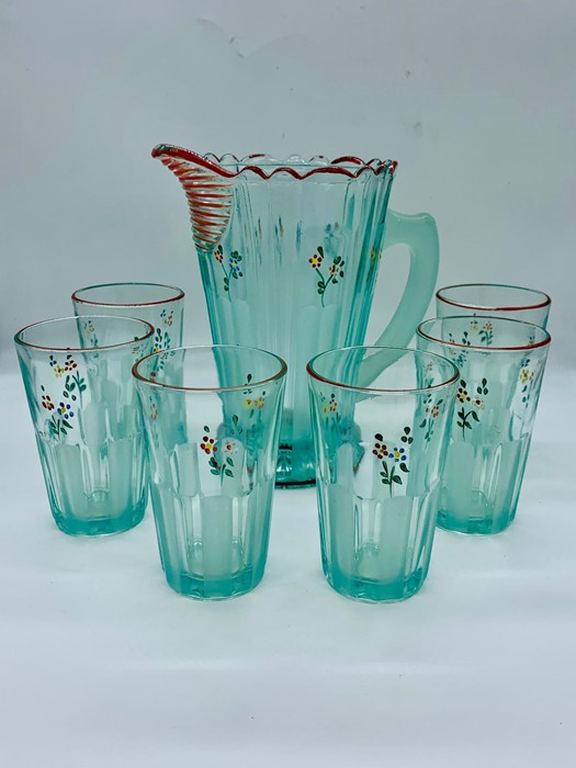 Vintage glass water jug and six glasses, hand painted with flowers