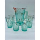 Vintage glass water jug and six glasses, hand painted with flowers