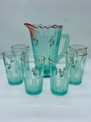 Vintage glass water jug and six glasses, hand painted with flowers