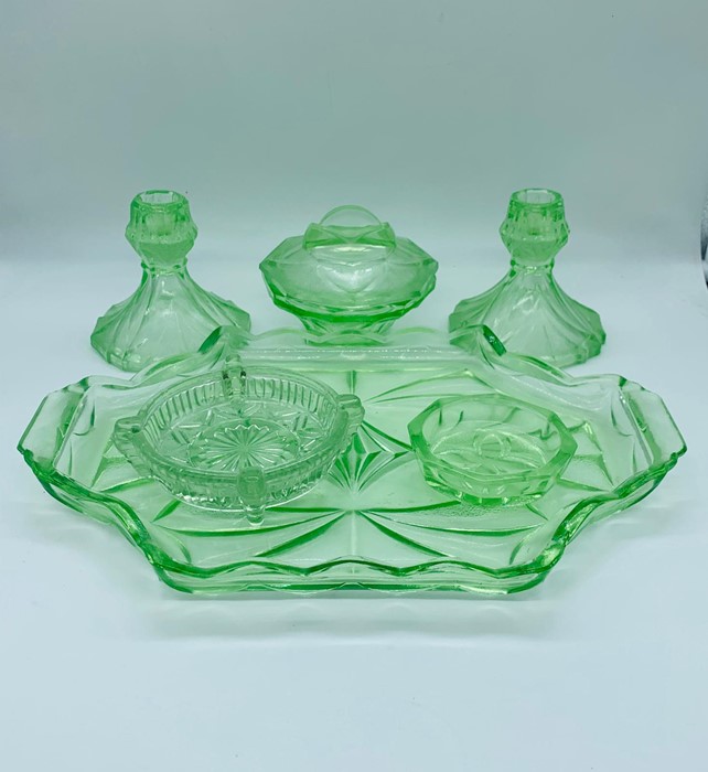 An art deco uranium green dressing table set