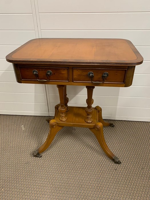 Side table with rectangular top, two drawers on four turned supports and tapering legs