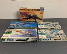 A selection of five boxed aircraft model kits to include Hasegawa Seagull Curtiss, Hasegawa Heinkel,