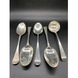 A Selection of Four Mid 18th Century dessert/serving Spoons and One Ladle (275g)