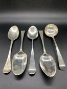 A Selection of Four Mid 18th Century dessert/serving Spoons and One Ladle (275g)