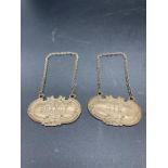 Two Hallmarked silver Decanter labels Brandy and Gin