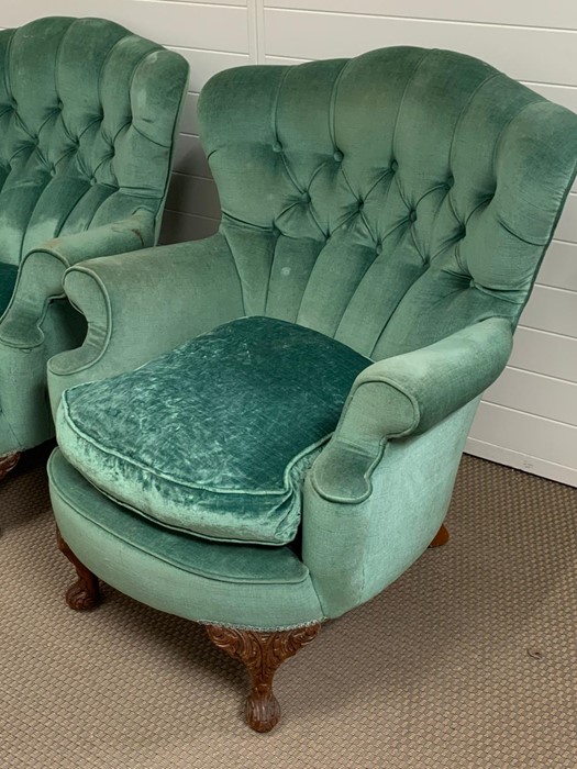 Pair of upholstered armchairs curved button back of a mid century design - Image 2 of 3