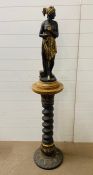 A sculpture of a goddess with gilding on a tall plinth (with stand H160cm)