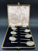 A Boxed set of six silver coffee spoons, makers mark F & W. Sheffield 1947.