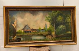 Landscape on canvas of a country scene signed lower right (114cm x 62cm)
