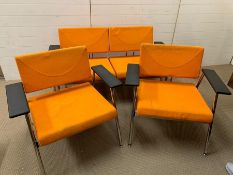 Mid Century Italian Mobilex Sofa and Two Chairs in orange with chrome frames.
