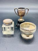 Three Silver Items to include small trophy, inkwell and a salt.