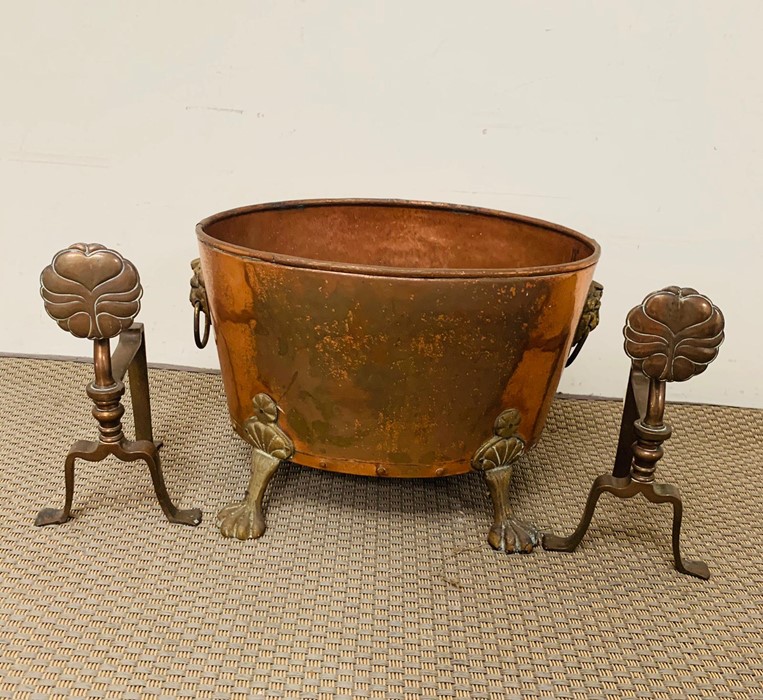 A large coal bin in copper with lion handles and claw feet and a pair of copper fire dogs - Image 2 of 2