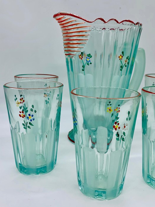 Vintage glass water jug and six glasses, hand painted with flowers - Image 2 of 2