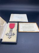 An MBE for Campbel Weston Farrar, cased and supporting announcement from the London Gazette 8th June