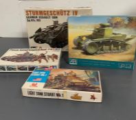Four boxed army tank's model kits to include T-18, Light Tank Stuart MK1, Tamiya Panzer Kampfwagen