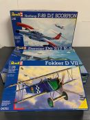 Three boxed Revell aircraft model kits to include Northrop F-89 D/J Scorpion, Fokker D VII and