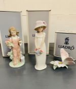 Three Lladro figurines "Little Lady", "Spring and a Butterfly" and "Refreshing Pause"