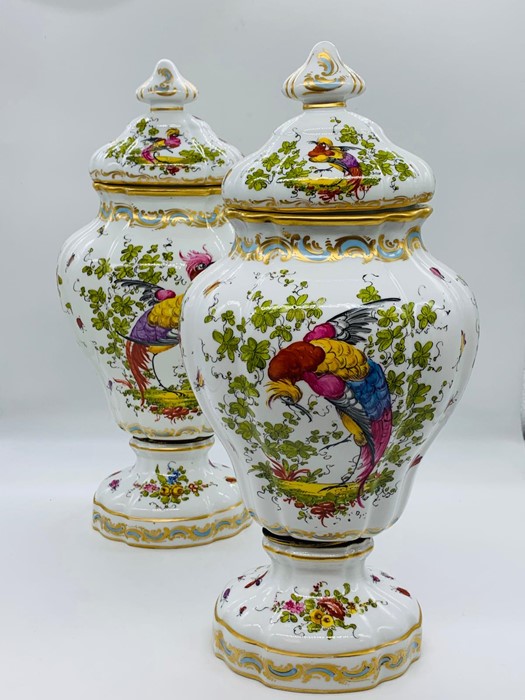 A pair of porcelain vases with lids, painted with exotics birds and scattered springs, stamped