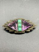 Theodor Fahrner Art Deco Brooch designed by Gustav Braendle Jr. Amazonite, Amethysts & Marcasites.